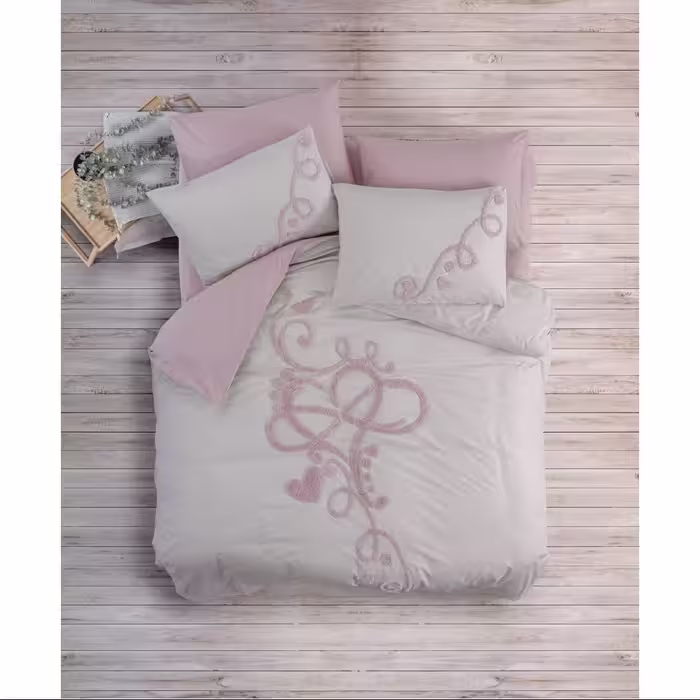 ست ملحفه کاتن باکس مدل Puff Nakisli Bellini Pembe دو نفره 6 تکه