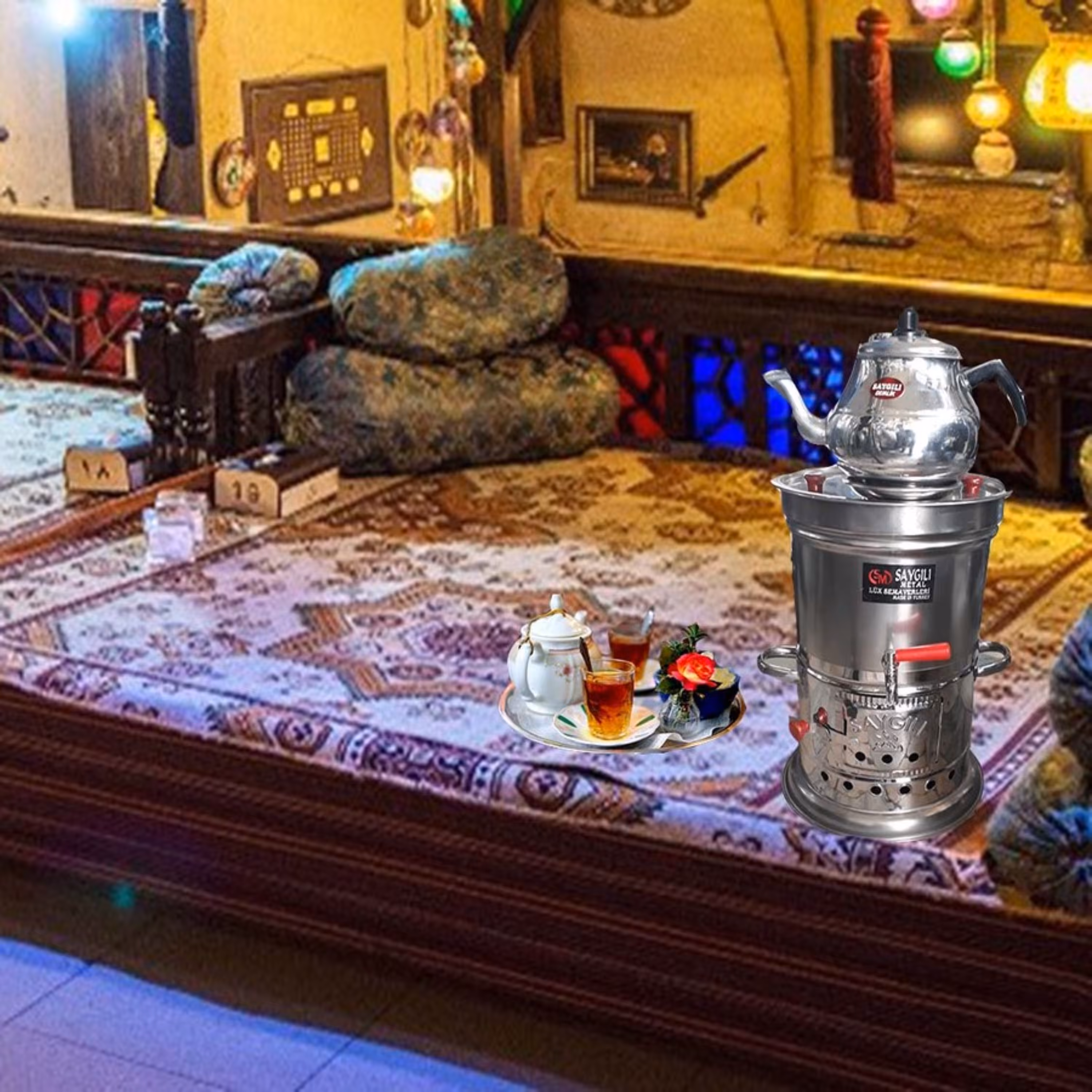 سماور زغالی استیل 5 لیتر با قوری  ساخت ترکیه دارای دودکش و سینی زیر زغال