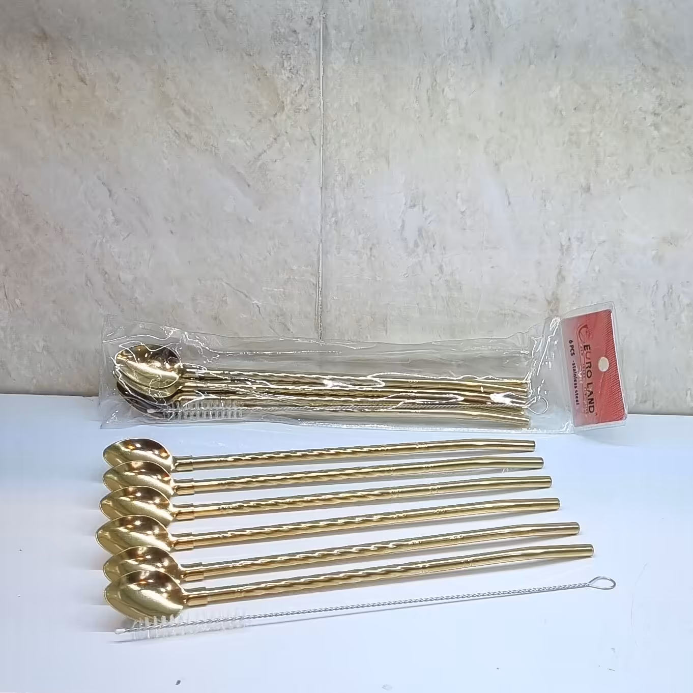 نی شربت قاشق دار استیل طلایی فرچه دار 