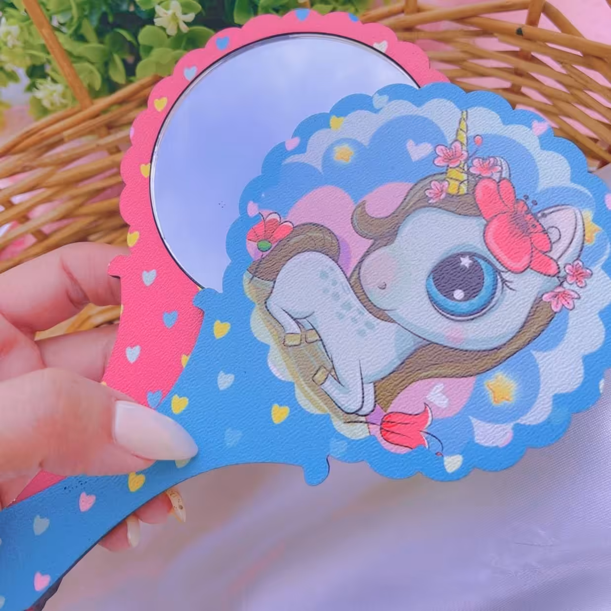 آینه چوبی دسته دار فانتزی سایز بزرگ