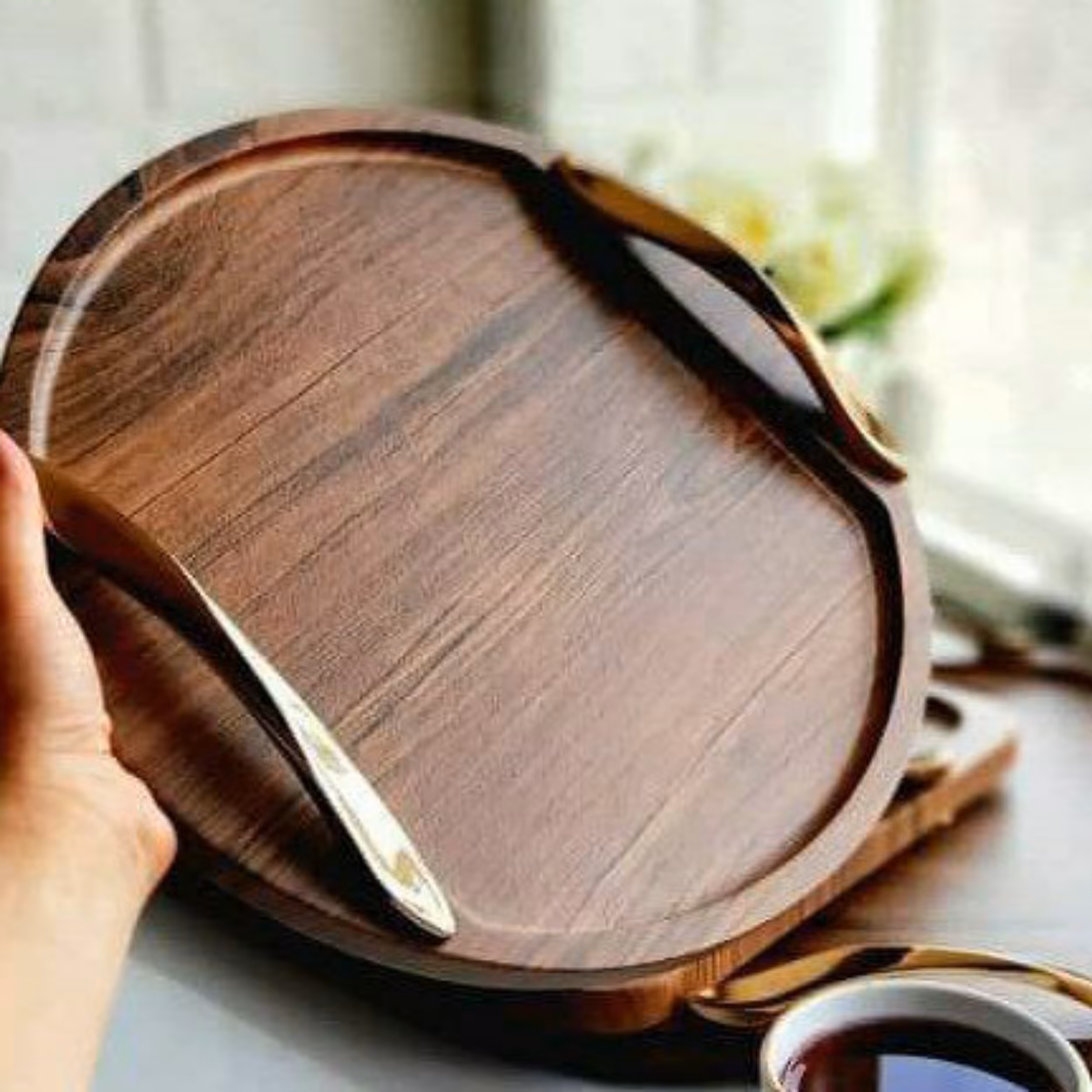 سینی چوبی دسته طلایی گرد