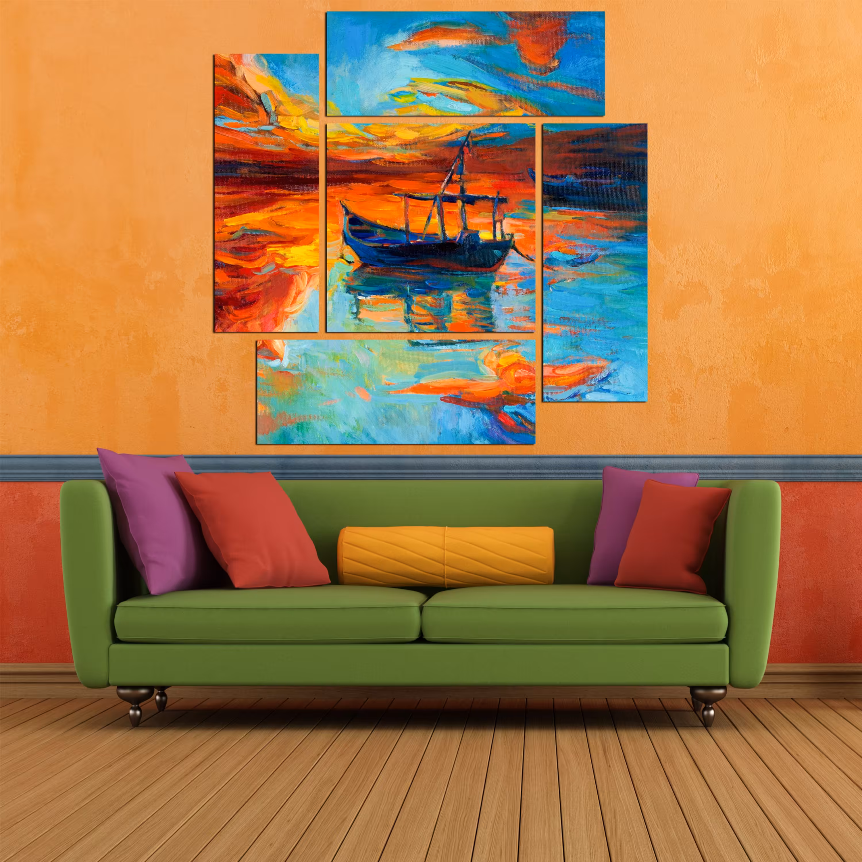 تابلو شاسی 5 تکه طرح نقاشی قایق کد 180 سایز 120x120 سانتیمتر