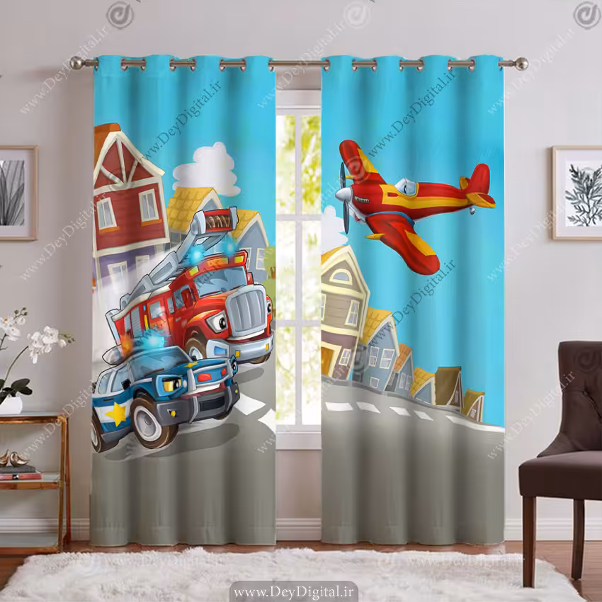 پرده اتاق خواب پسرانه طرح ماشین و هواپیما PK-6297