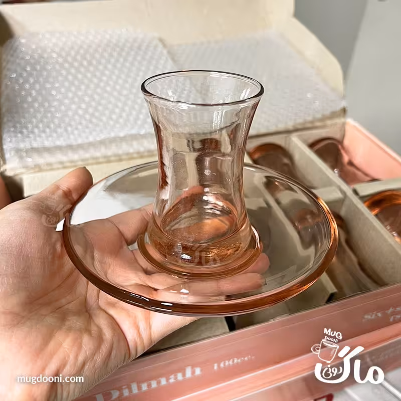 ست 12 پارچه استکان و نعلبکی کاوه مدل دیلما Dilmah شیشه صورتی