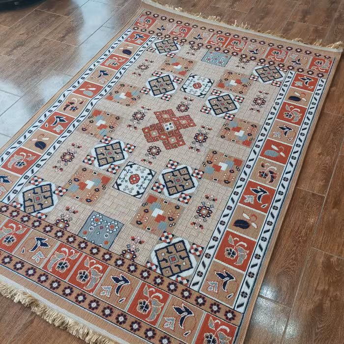 گلیم  ماشینی زمینه بادامی ( نسکافه ای) جدید  سایز 4متری، پس کرایه