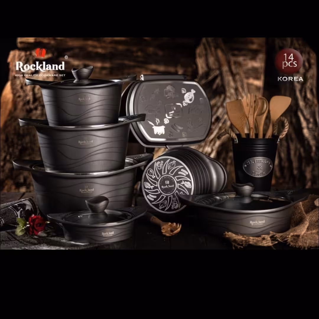 سرویس قابلمه چدن گرانیت 14 پارچه برند راکلند مدل موجی رنگ طوسی 