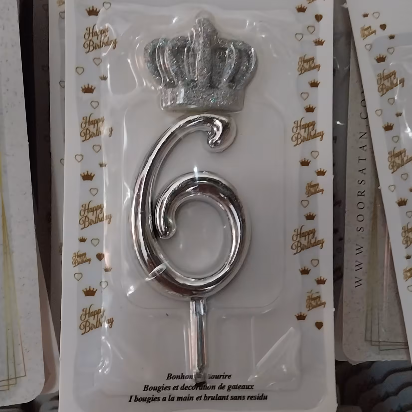 شمع تاج دار  و ستاره دارنقره ای عدد 6