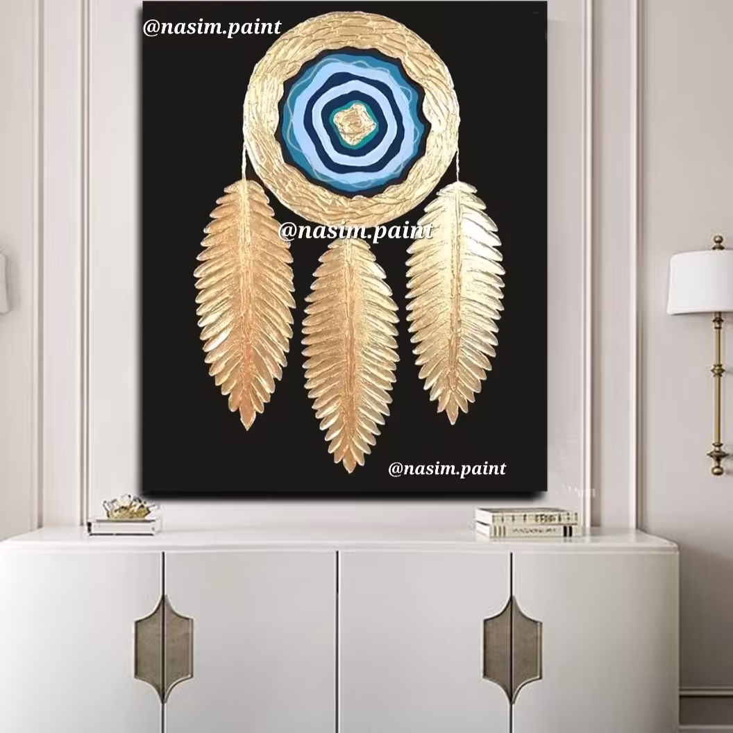 تابلو نقاشی ورق طلا نقش برجسته مدل چشم نظر و پر