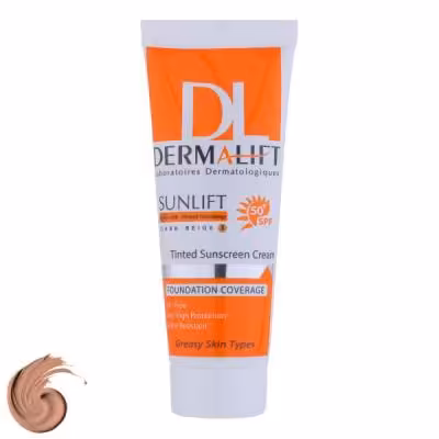 کرم ضد آفتاب رنگی درمالیفت مدل سانلیفت SPF 50 حاوی محافظ UVA و UVB، ضد آب، ضد پیری، ضد جوش و آکنه، مناسب پوست‌ چرب حجم 40 میلی‌لیتر ‌