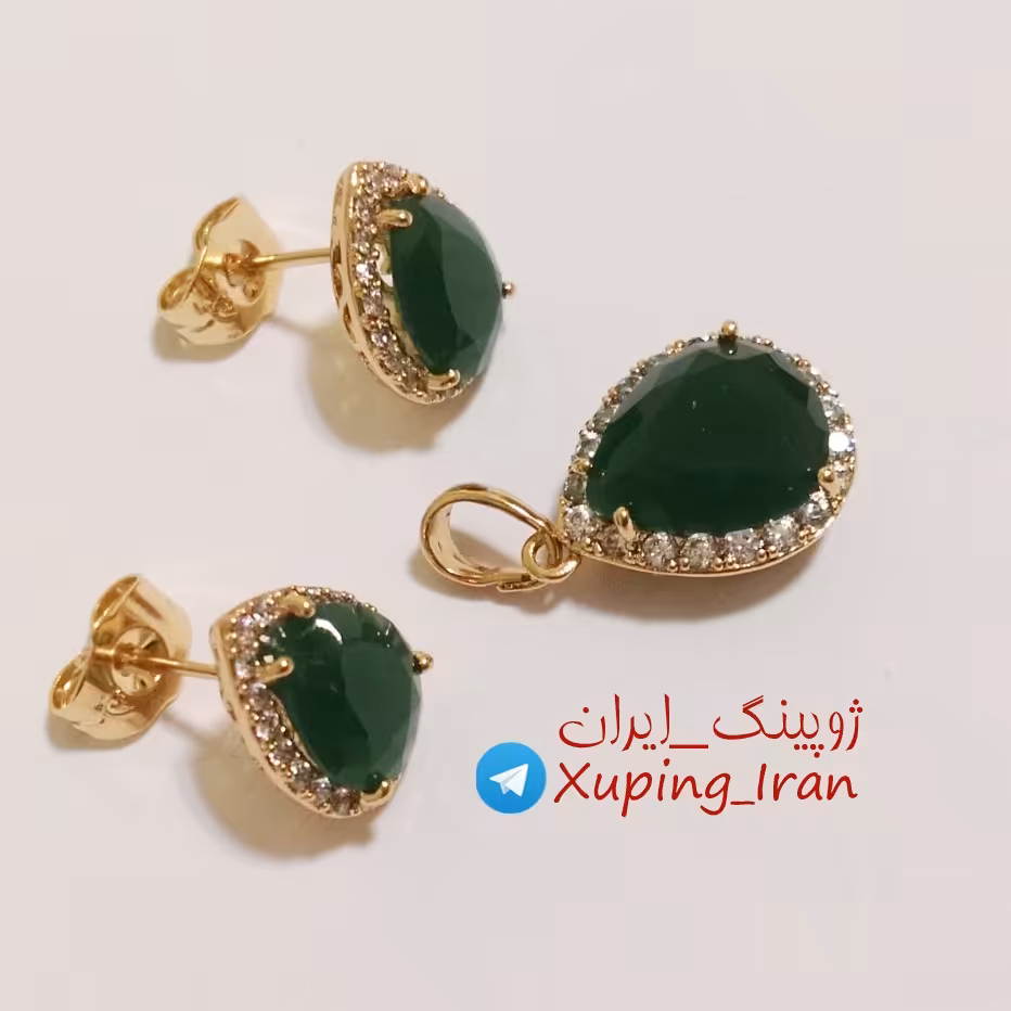 نیم ست ژوپینگ سبز اشکی نگین دار Xuping  نیمست زمردی سبز کله غازی بدون زنجیر