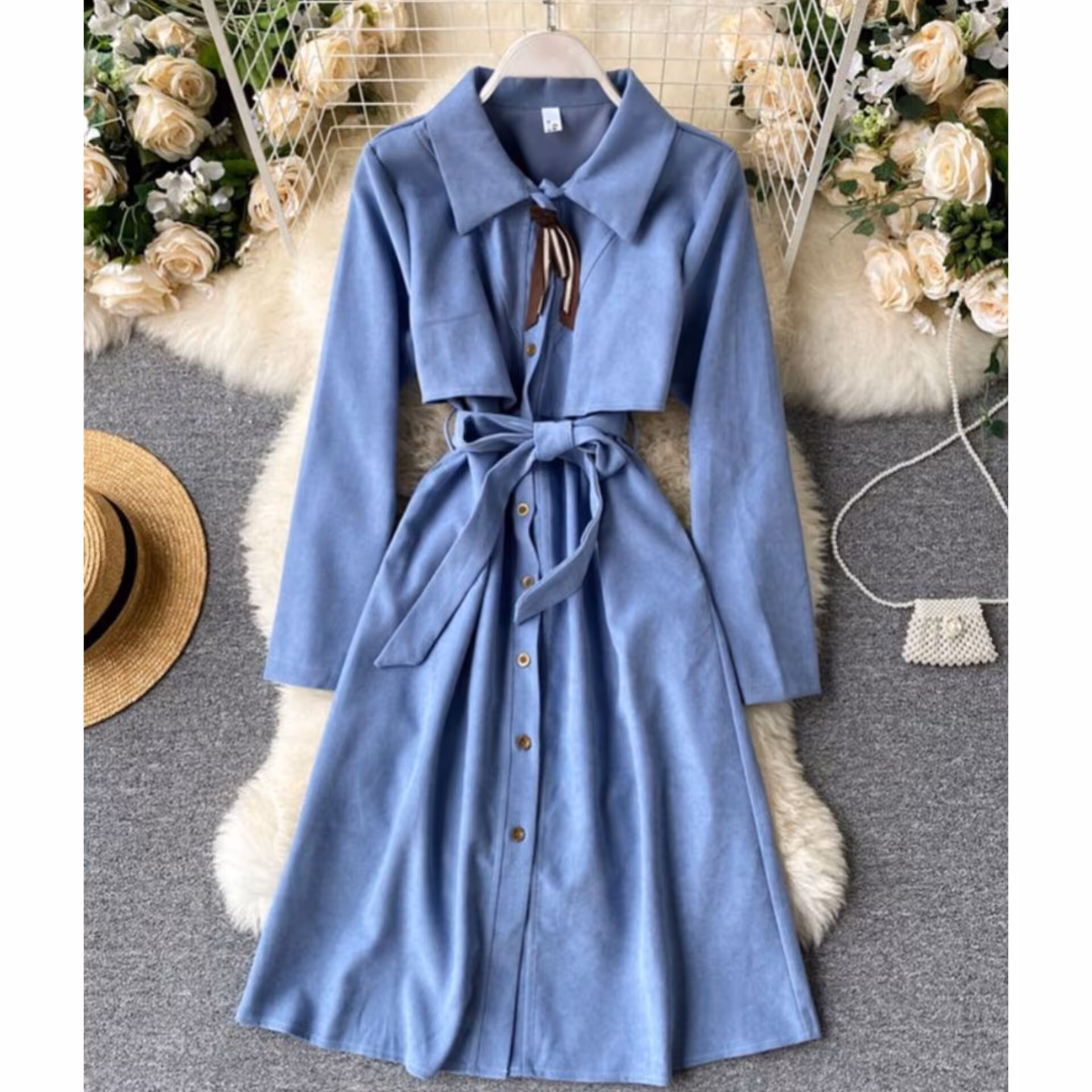 مانتو (نمای شومیز دامن)مخمل کبریتی آبی