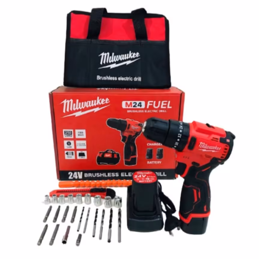 دریل شارژی میلواکی 24 ولت سه کاره موتور براشلس گیربکس دو حالته همراه با کیف حمل و ابزار جانبی و دارای دوعدد باطری