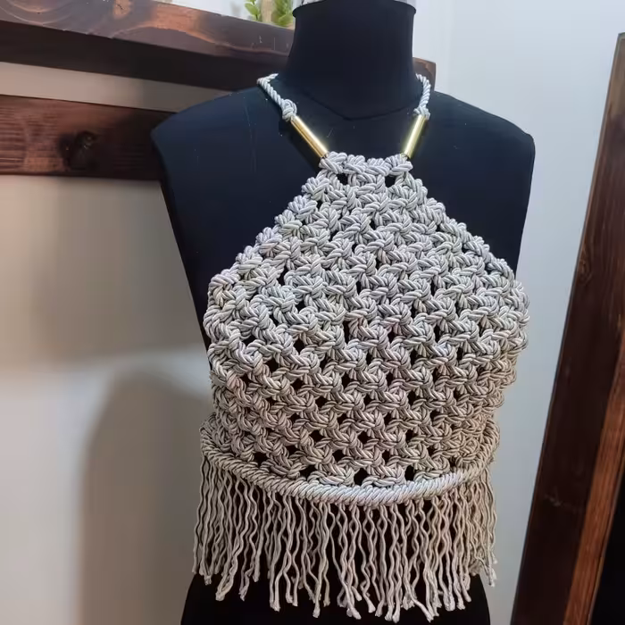 تاپ دستبافت دخترونه سایز 36 به روش مکرومه بافی 