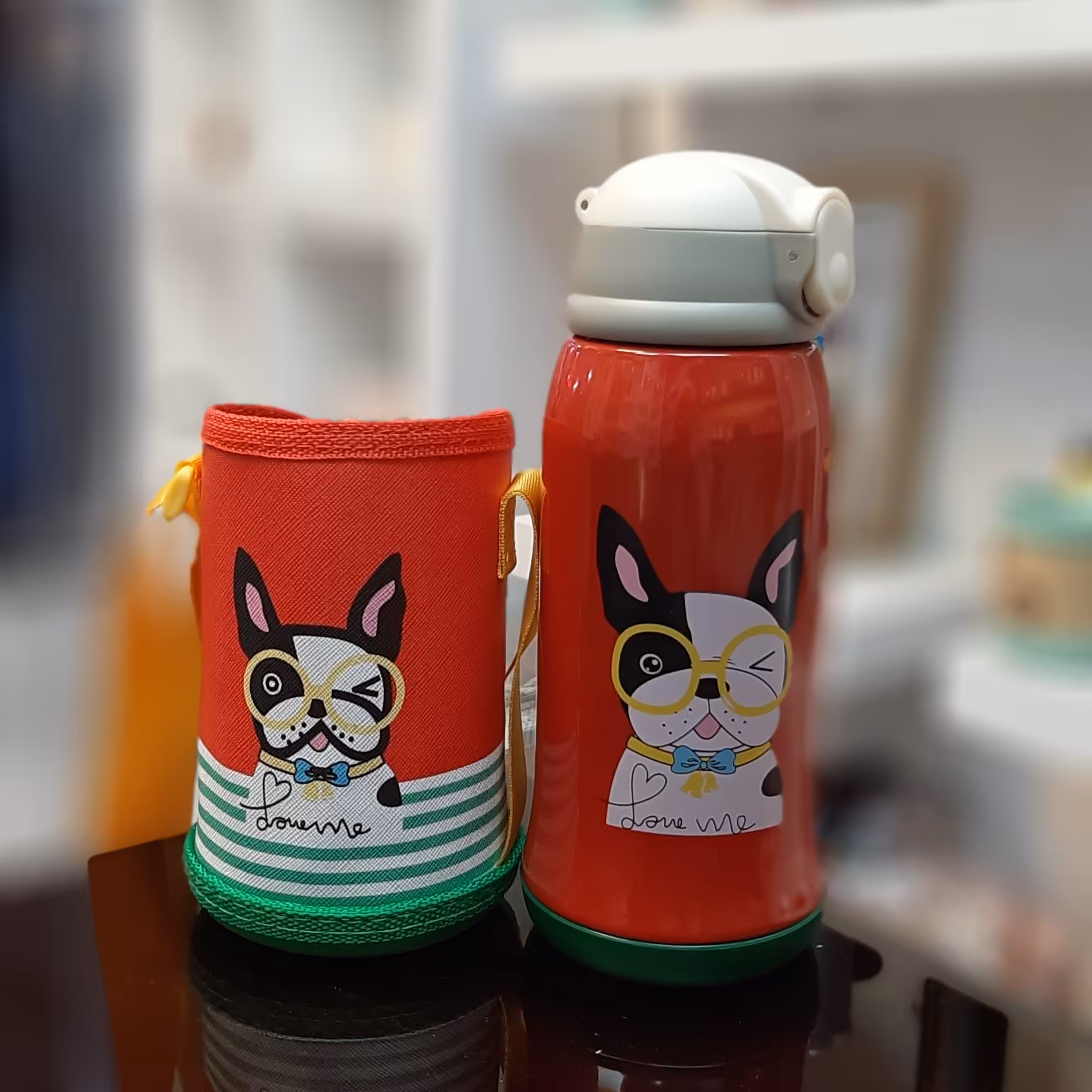 قمقمه استیل/ فلاسک کودک کاور دار  نی دار  طرح سگ رنگ قرمز  