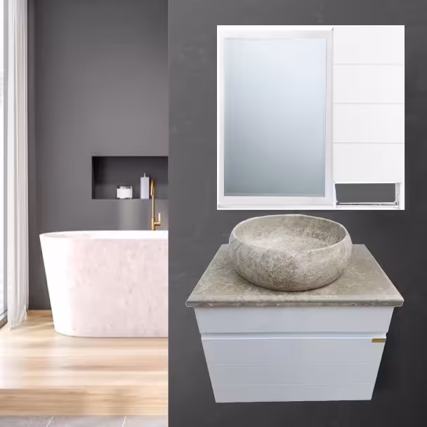 روشویی کابینتی سفید سایز50 دیواری  با سنگ طبیعی طوسی روکار همراه آینه باکس (پس کرایه)