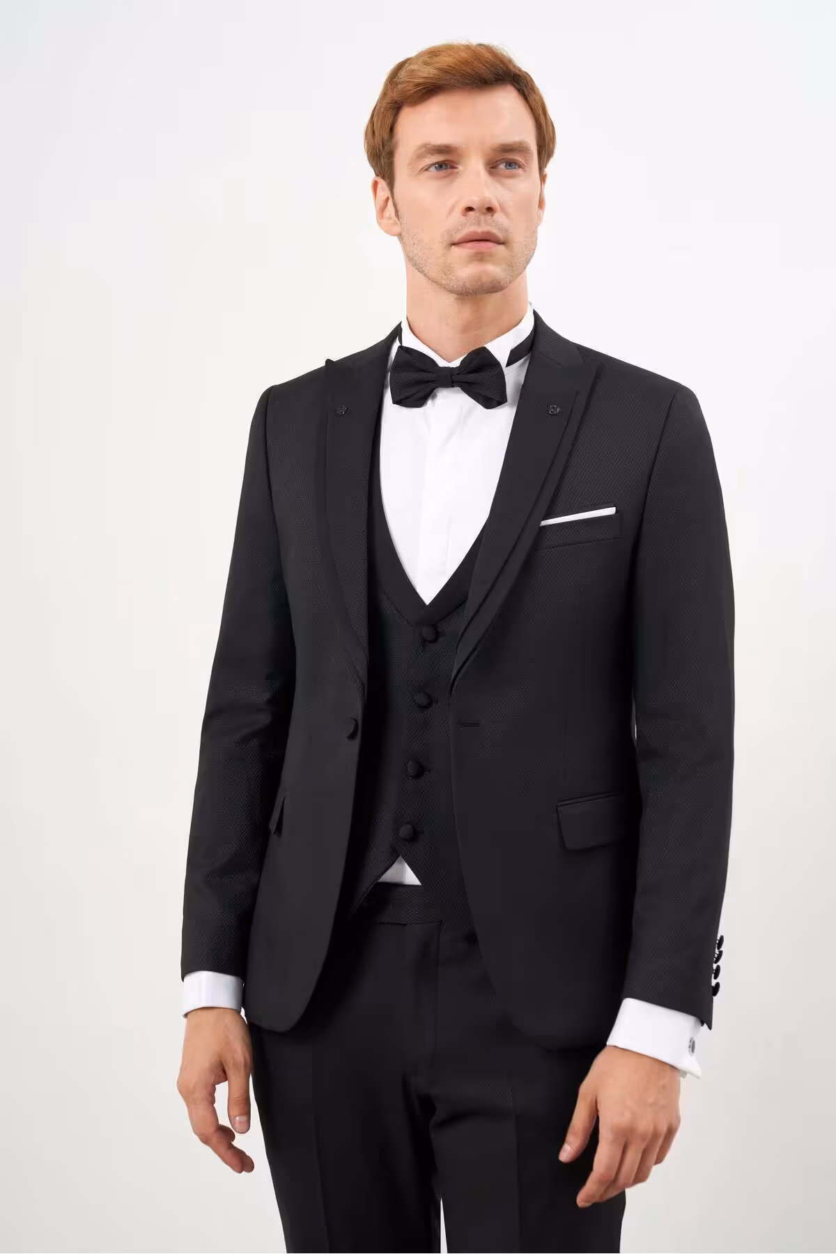 اسموکینگ مشکی مردانه الگوی سیاه باریک و داماد یقه گرفتگی تیز Morven