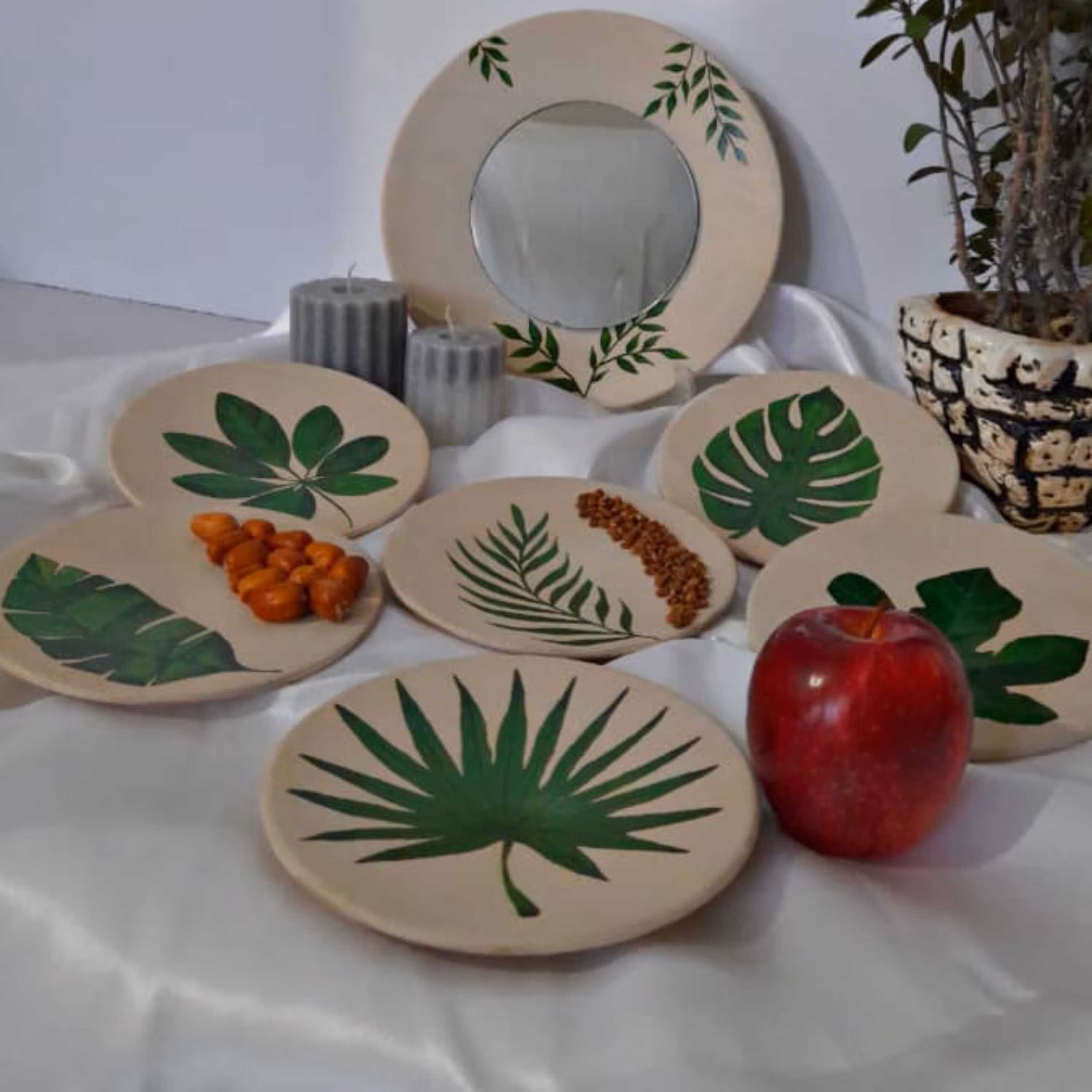 هفت سین سفالی ویترای طرح برگ سبز 9 تیکه