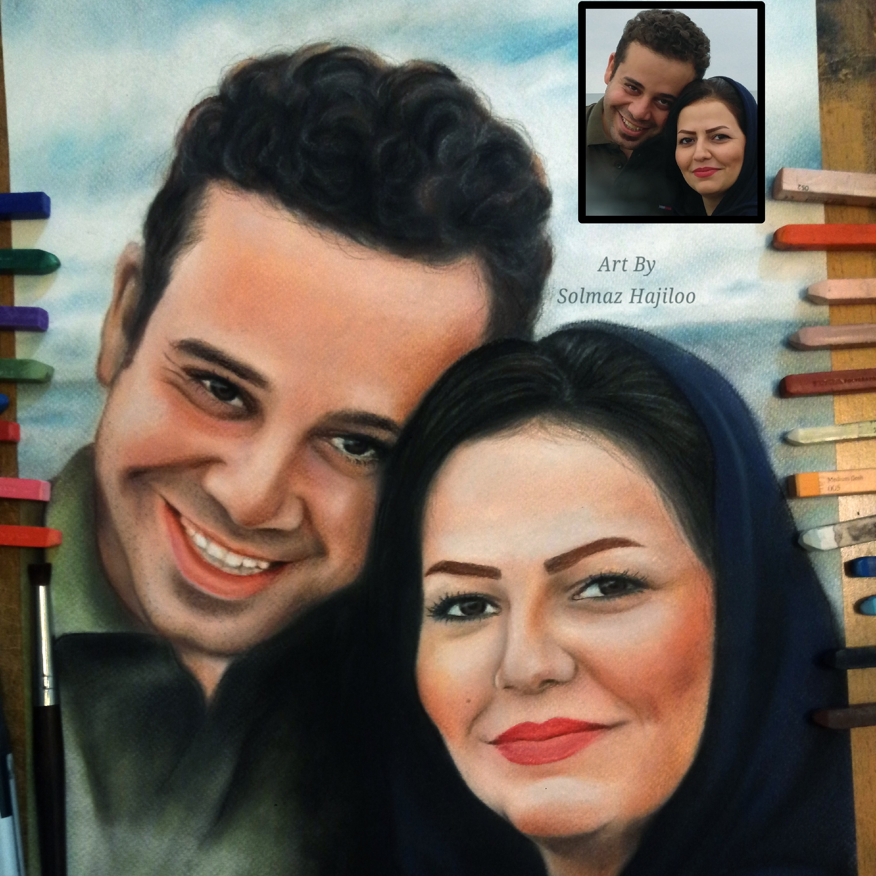 طراحی چهره رنگی دو نفره سایز 35 در 50 ( هدیه کادویی )