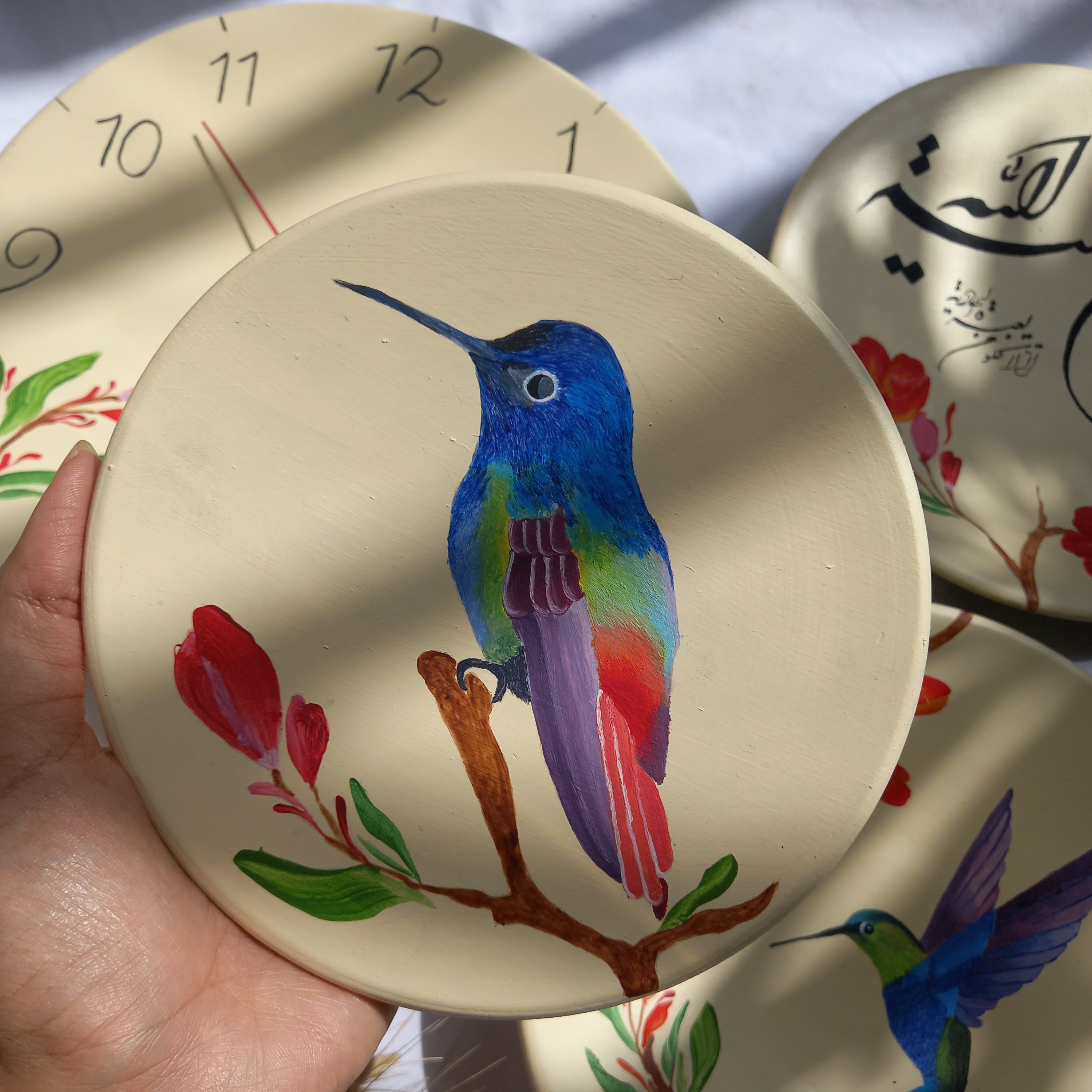 ست دیوارکوب سفالی ساعت دار (گل و مرغ)