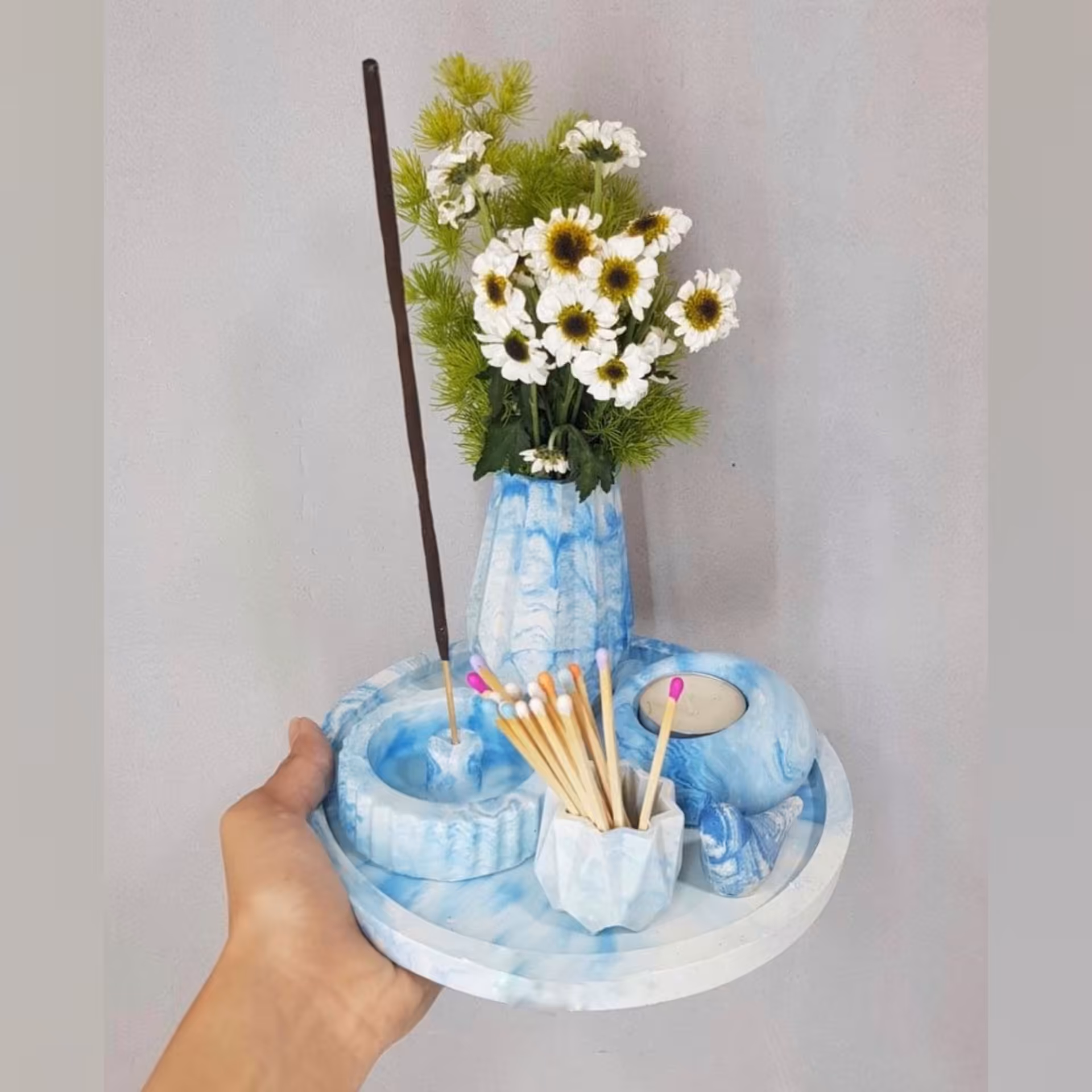 ست دکوری سنگی  آرامش  رنگ آبی شمع هدیه