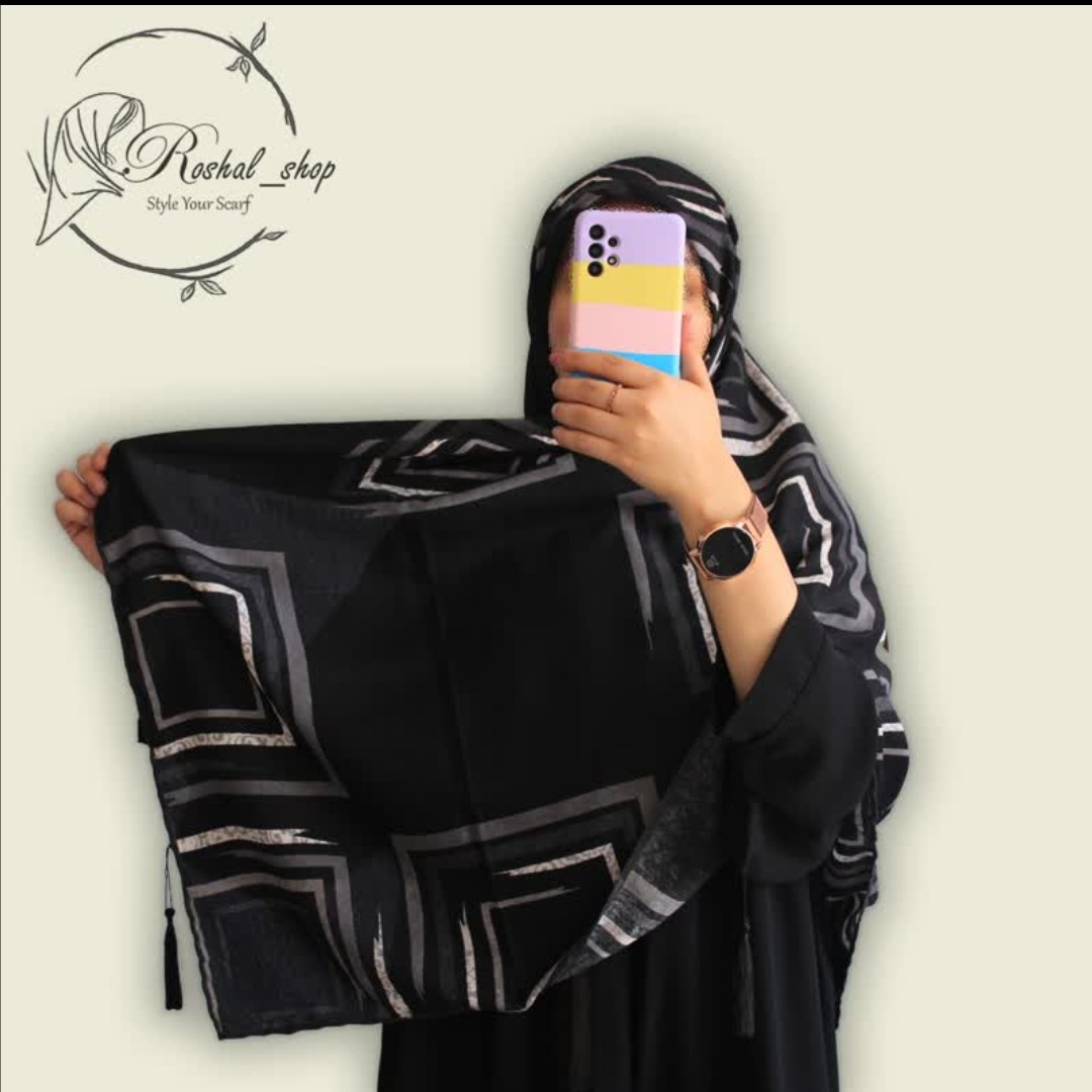 روسری نخی مشکی طوسی سفید نخی منگوله دار قواره 130