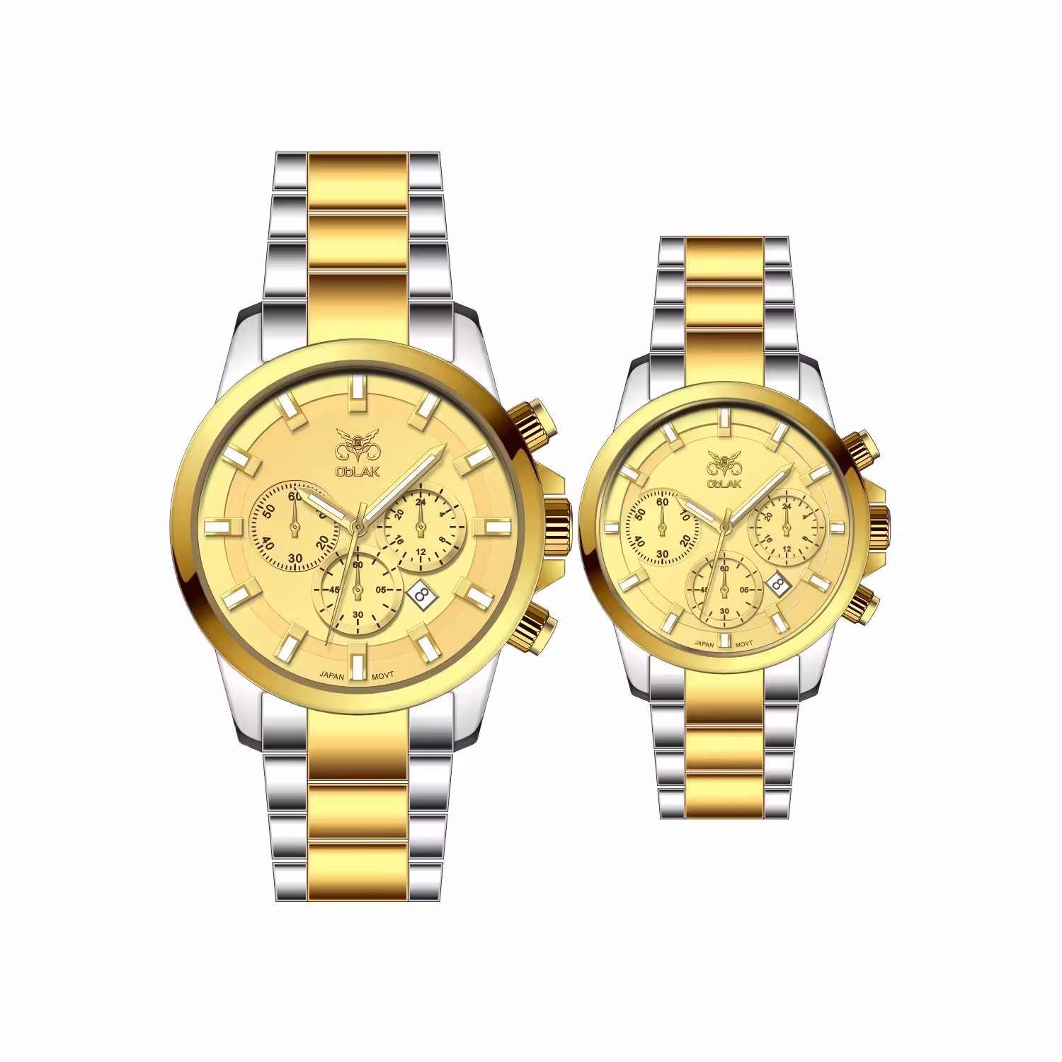 ست ساعت مچی عقربه ای زنانه و مردانه اوبلاک مدل 72698 رنگ دورنگ صفحه زرد