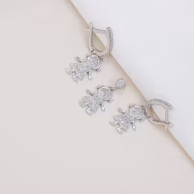 نیم ست نقره طرح دختر بچه با روکش طلا سفید کد 4730