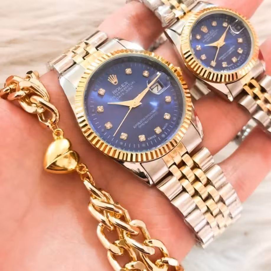 ست ساعت زنانه و مردانه رولکس بند استیل دو رنگ صفحه آبی کیفیت عالی تقویم دار شش ماه گارانتی کارت گارانتی فوق لاکچری 