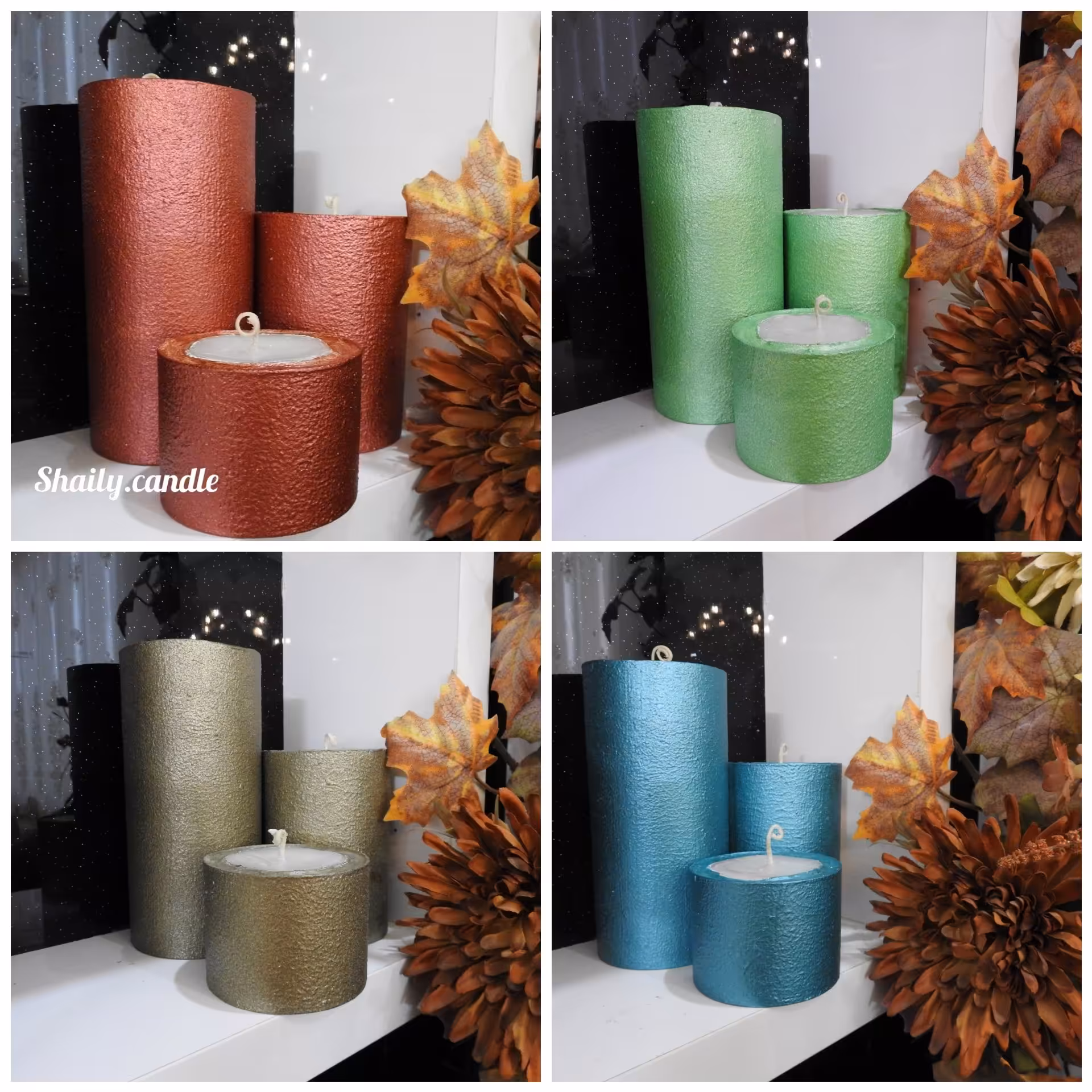 ست شمع استوانه متالیک به رنگهای طلایی، بنفش، ابی، نارنجی، طوسی، صورتی نقره ای
