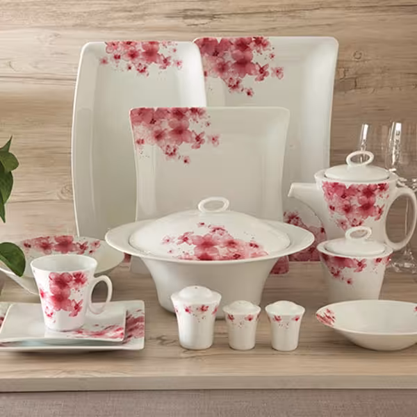 سرویس 12 نفره چینی زرین طرح آزالیا پینک قالب وینچی 97 پارچه