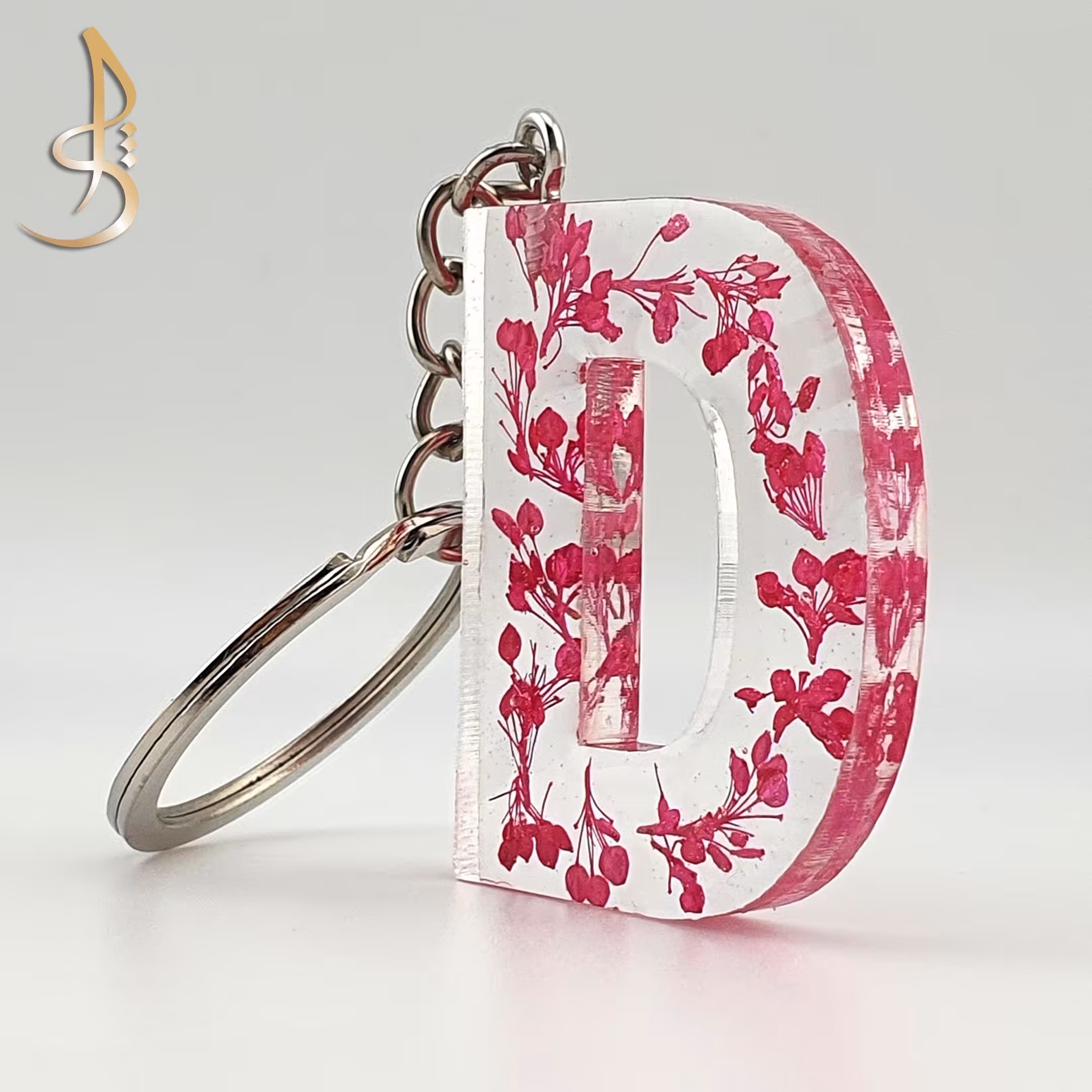 جاکلیدی رزینی حروف انگلیسی حرف  D گل خشک صورتی کد 002