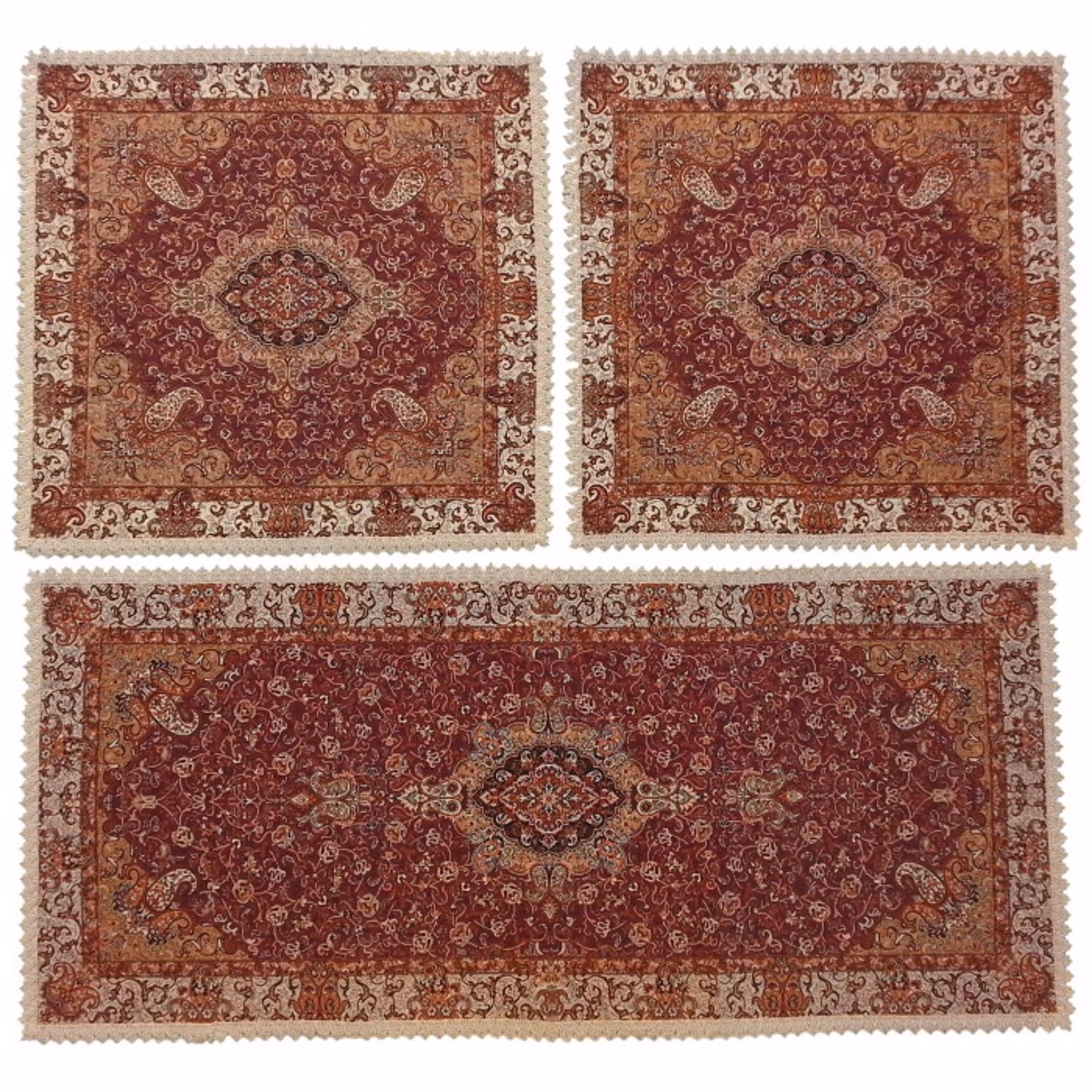 رومیزی سرویس ترمه ابریشم  کد TRSETE2 نفیس  رنگ زرشکی قهوه ای  آستر زرشکی