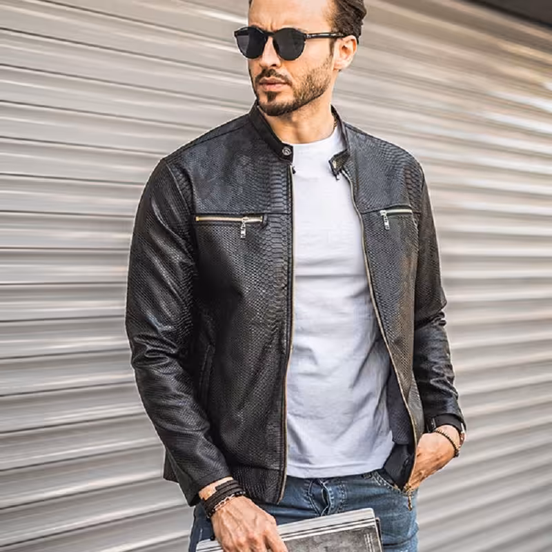 کاپشن چرم طرح پوست مارسینه زیپ دار مردانه