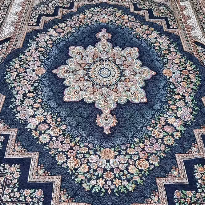 روفرشی 6 متری مخمل زرکدار طرح باغ بهشت رنگ سرمه ای