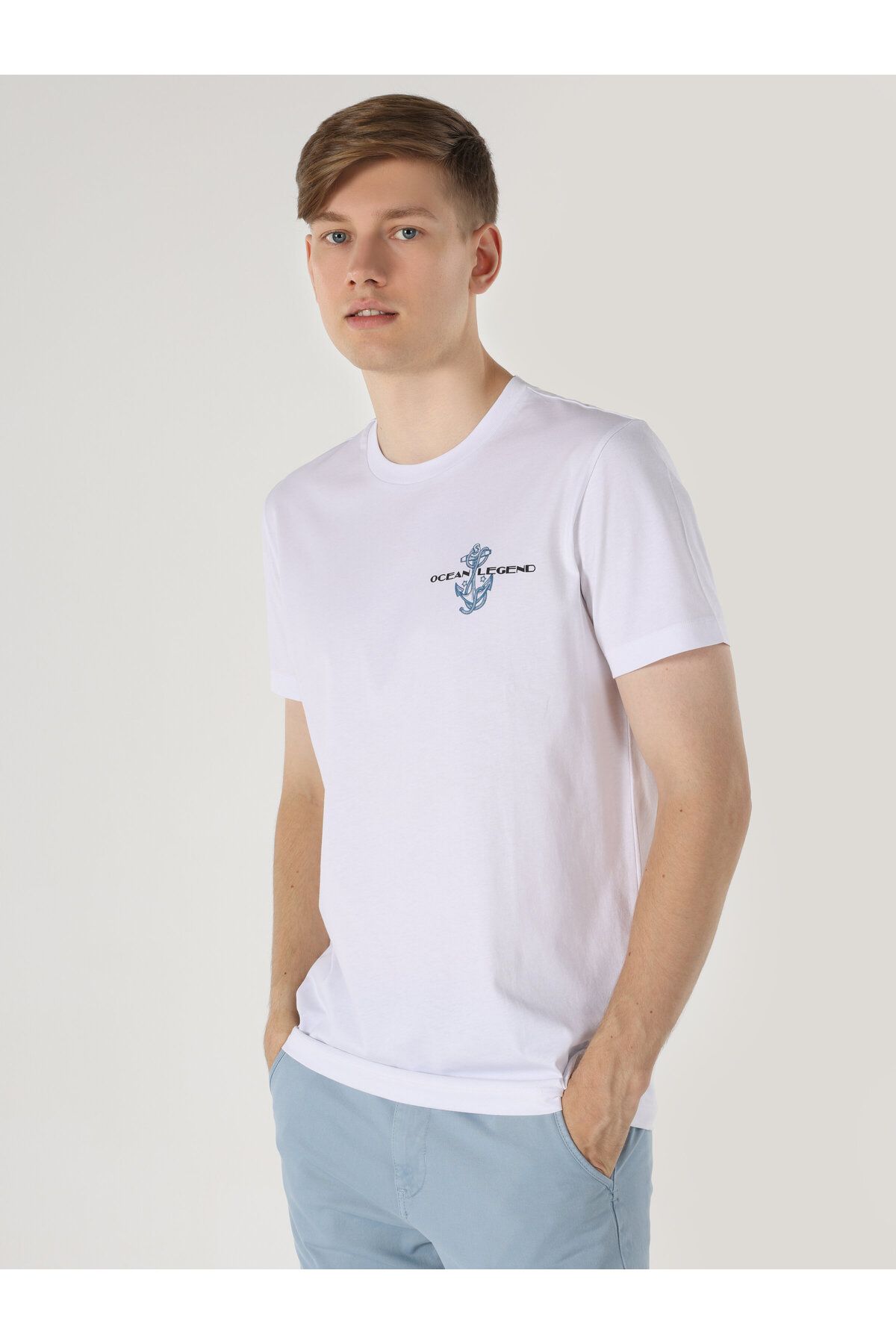 تی شرت سفید مردانه یقه دوچرخه مناسب به طور منظم طرح دار پوست آستین کوتاه t shirt Colin’s
