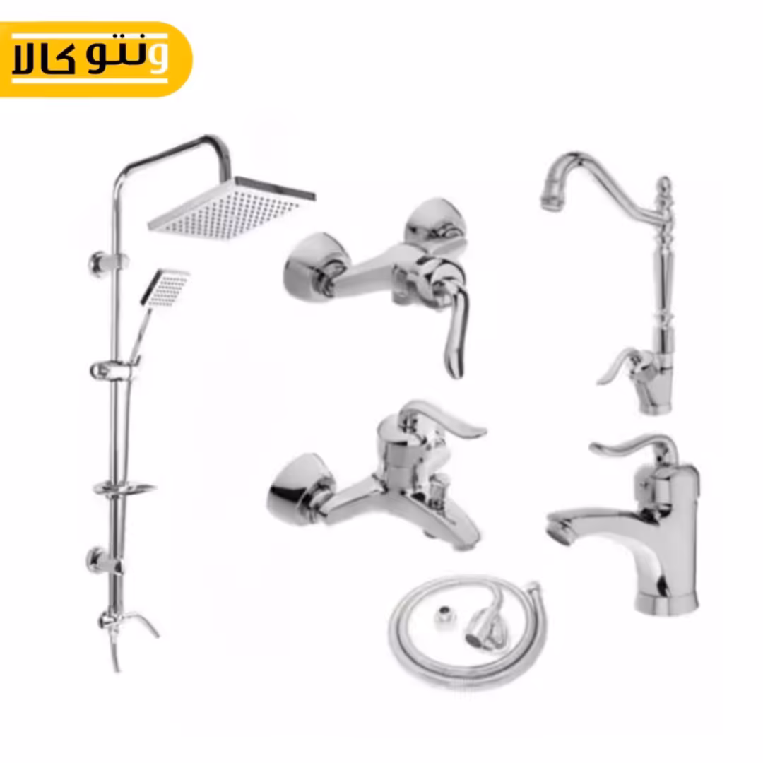 ست شیرالات کروم مدل قاصدک به همراه علمدوش و شلنگ توالت و ست شیرآلات اهرمی 