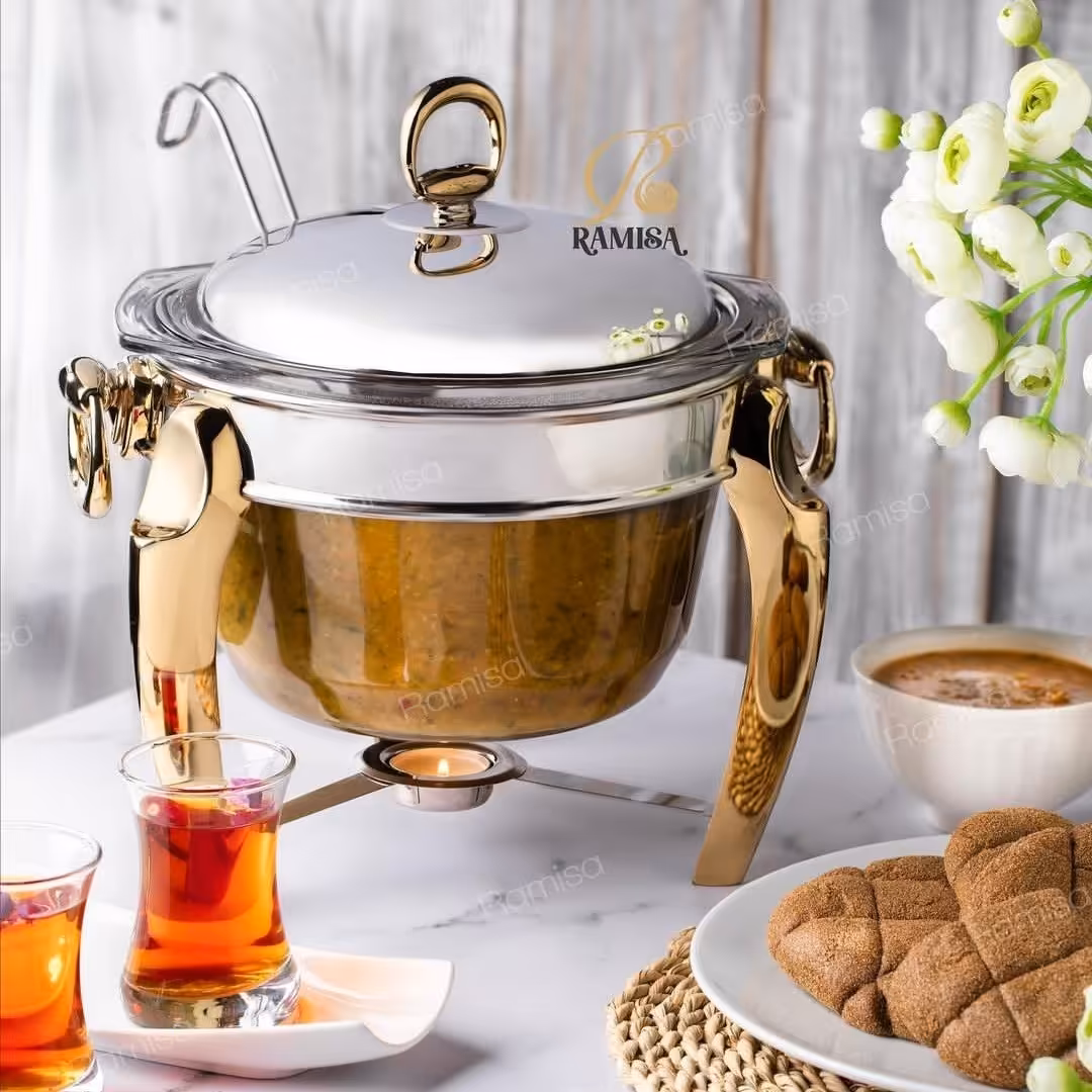 سوفله گرد سوپ استیل دو رنگ نقره ای طلایی رامیسا  دسته پافیلی 4 لیتر