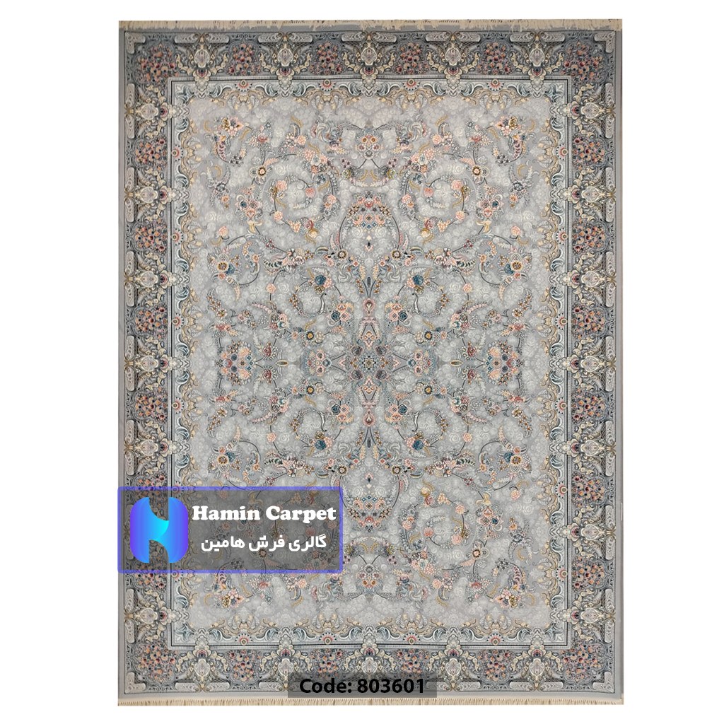 فرش 4 متری 700شانه تراکم 2550 نخ آکلریک رنگ زمینه نقره ای کد AR803601