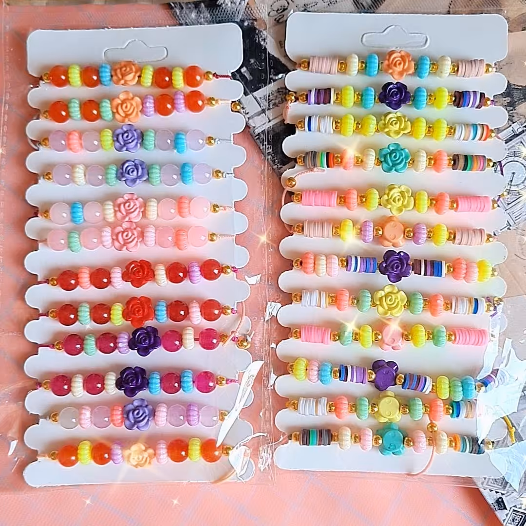 دستبند مهره ای رنگی گل رز