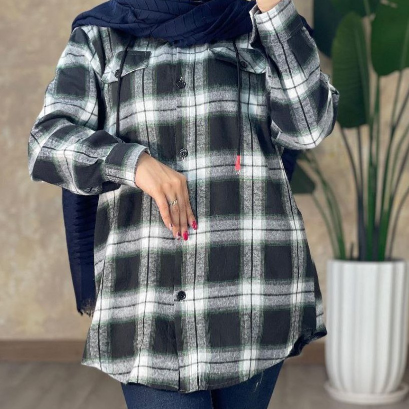 مانتو چهارخونه کلاه ملانژه پشمی