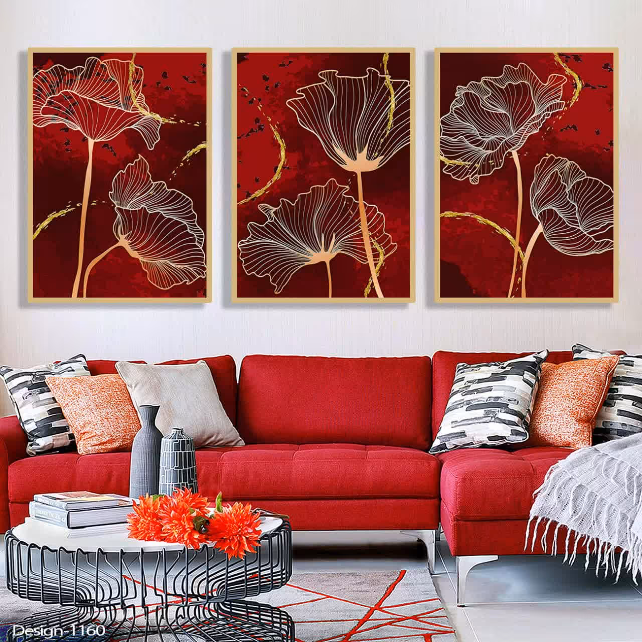 تابلو دکوراتیو مجموعه گل های گرافیکی زرشکی سایز 50در70