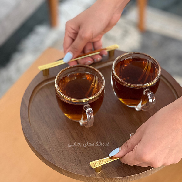 سینی پذیرایی طرح چوب مدل گرد دسته فلزی