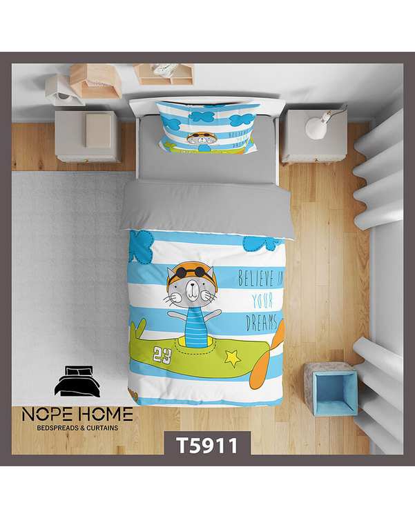 سرویس لحاف روتختی کودک یک نفره 5 تکه نوپه هوم Nopehome طرح گربه خلبان کد T5911