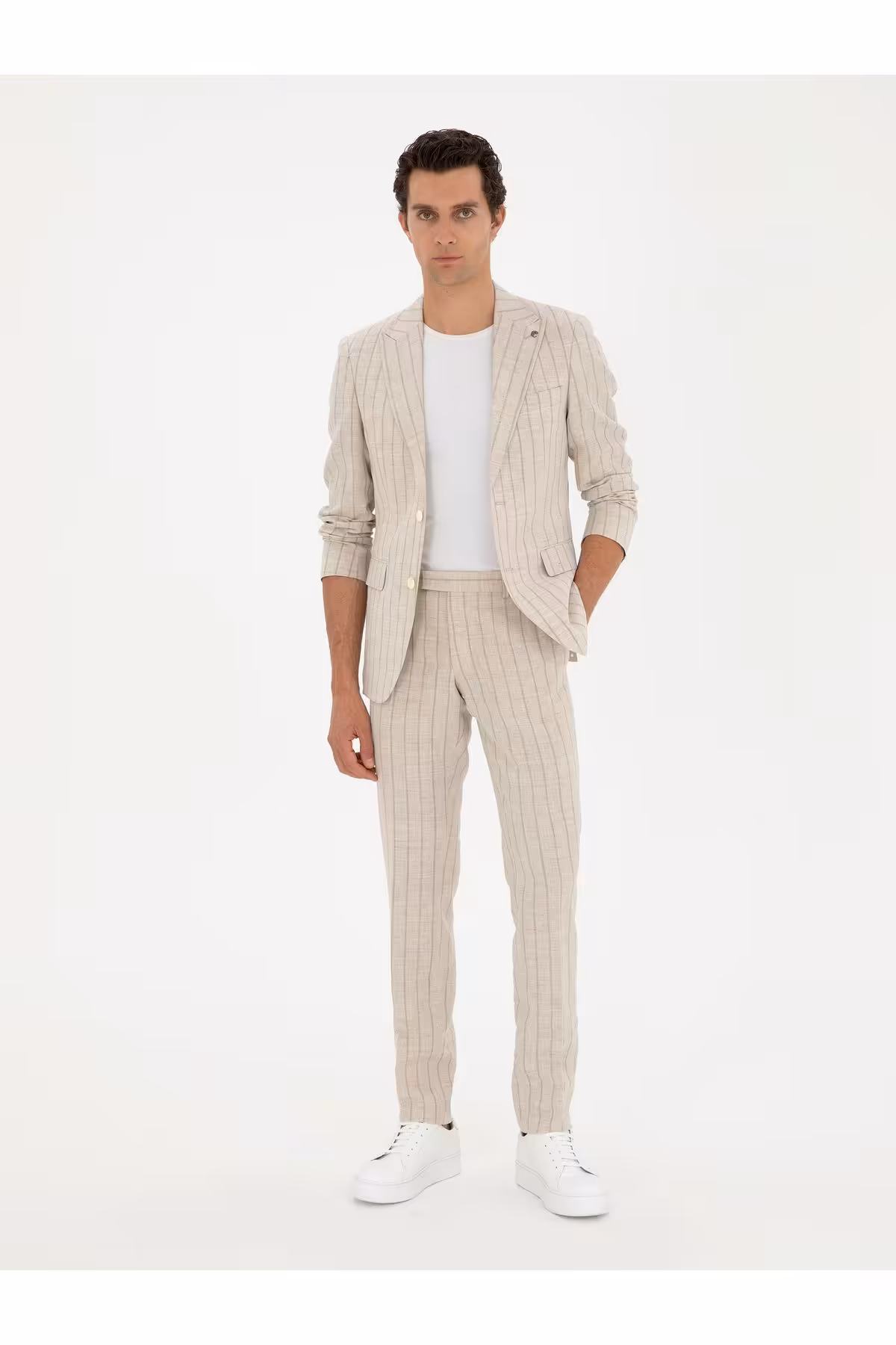 کت وشلوار نود مردانه کمر باریک و پشمی کتان مخلوط کاشارل Cacharel