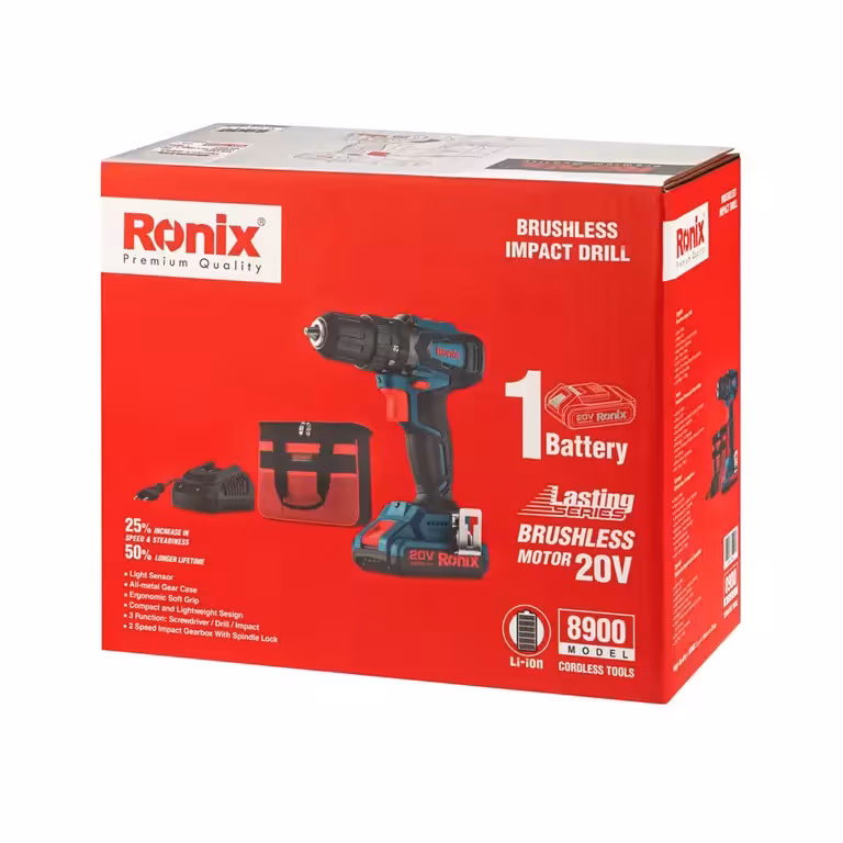 دریل پیچ گوشتی چکشی شارژی براشلس 20 ولت – 8900 رونیکس