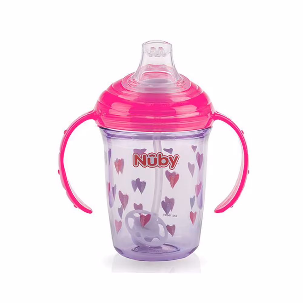 لیوان آبمیوه خوری 6  ماه با نی 360 درجه نابی NUBY ظرفیت 240 میلی لیتر صورتی