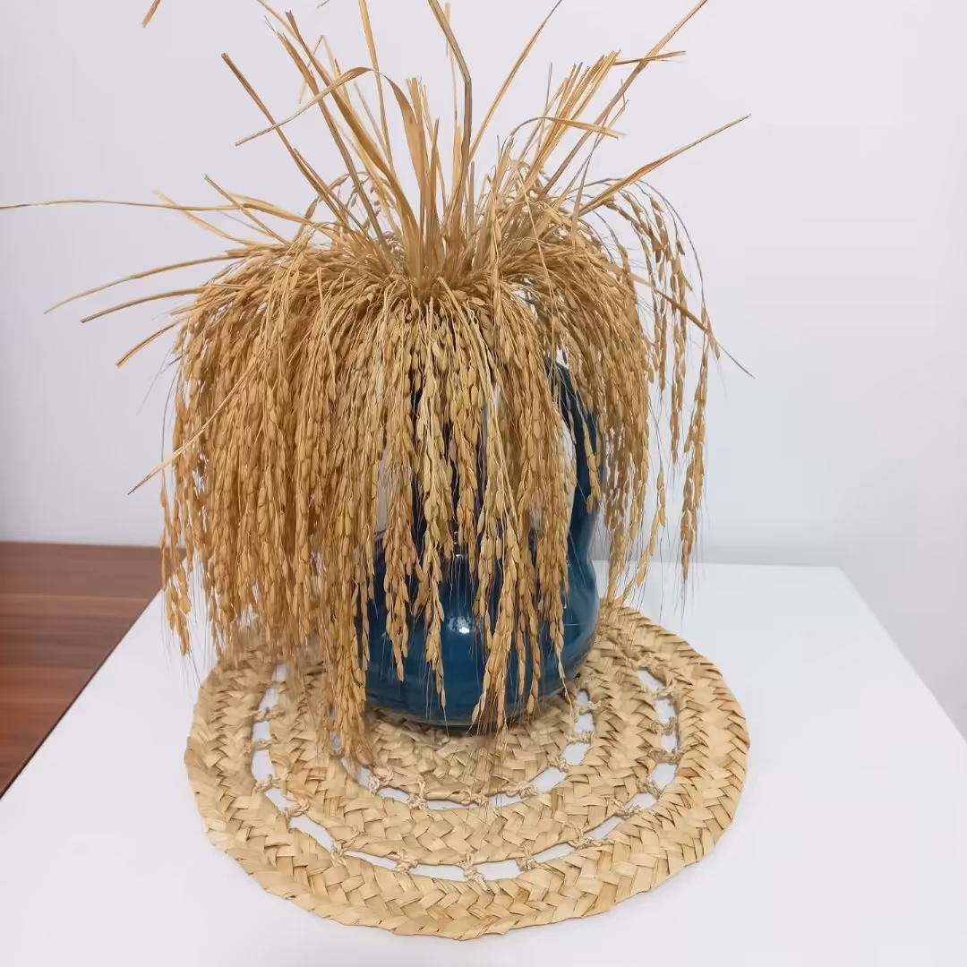 زیر گلدونی رومیزی حصیری زیر بشقابی.                  اندازه داخل عکس حدودا 20در 30ثانت هستش