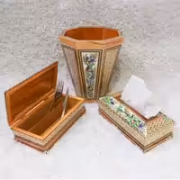 ست جا دستمالی و جا کاردی و سطل زباله متوسط  خاتم کاری(مدل گل و مرغ سبز برجسته)(گارانتی 120 ماهه)