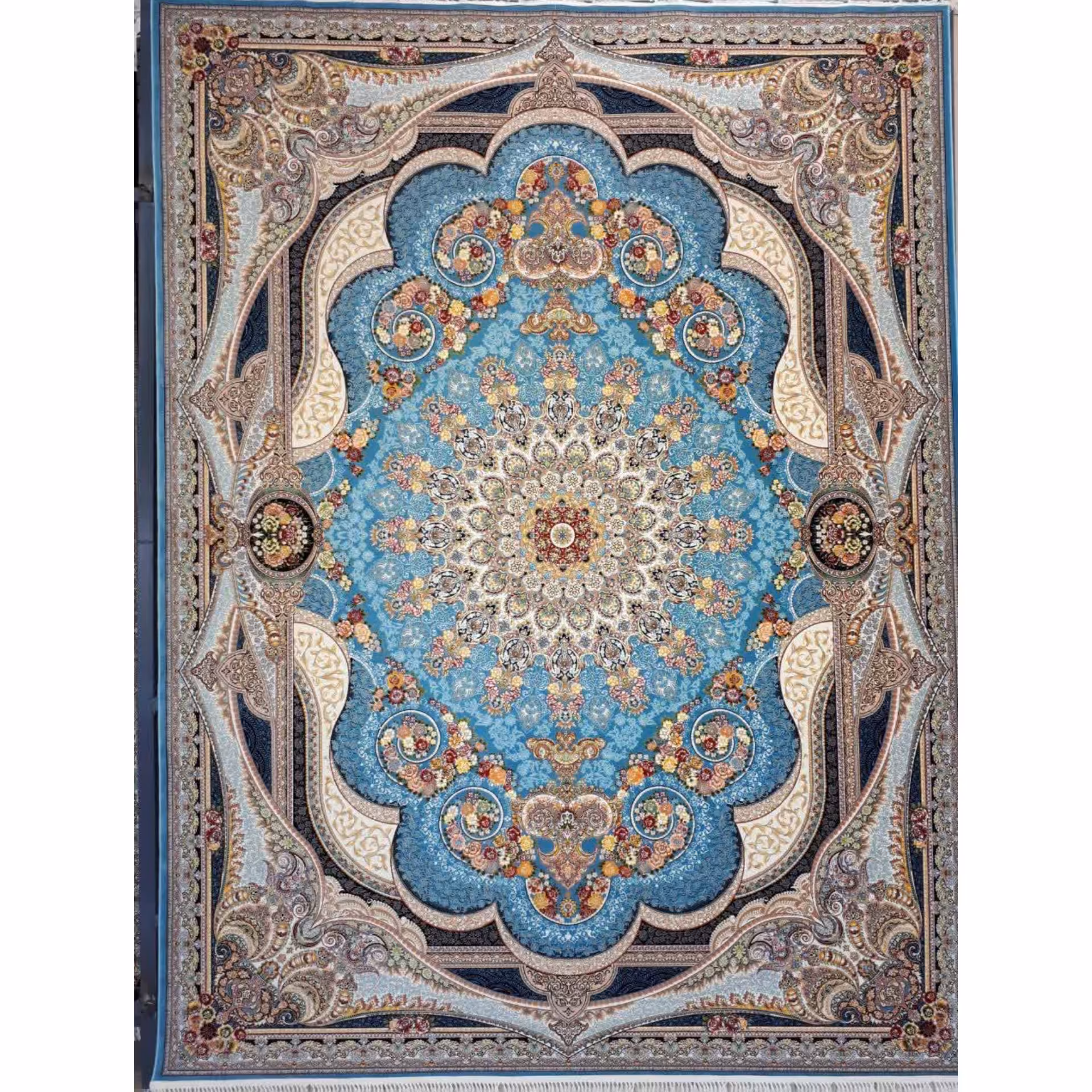 کناره 1200 شانه اصل تراکم 3600 طرح شاهچراغ زمینه آبی 1.5 در 2.25 متری جنس اکرولیک