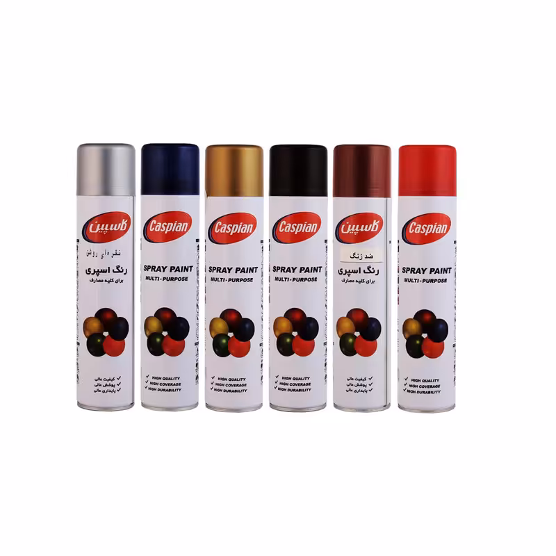 اسپری رنگ مشکی و طلایی و سرمه ای و نقره ای و قرمز آتشین و ضد زنگ اخرایی کاسپین مدل Cas6 حجم 300 میلی لیتر مجموعه 6 عددی